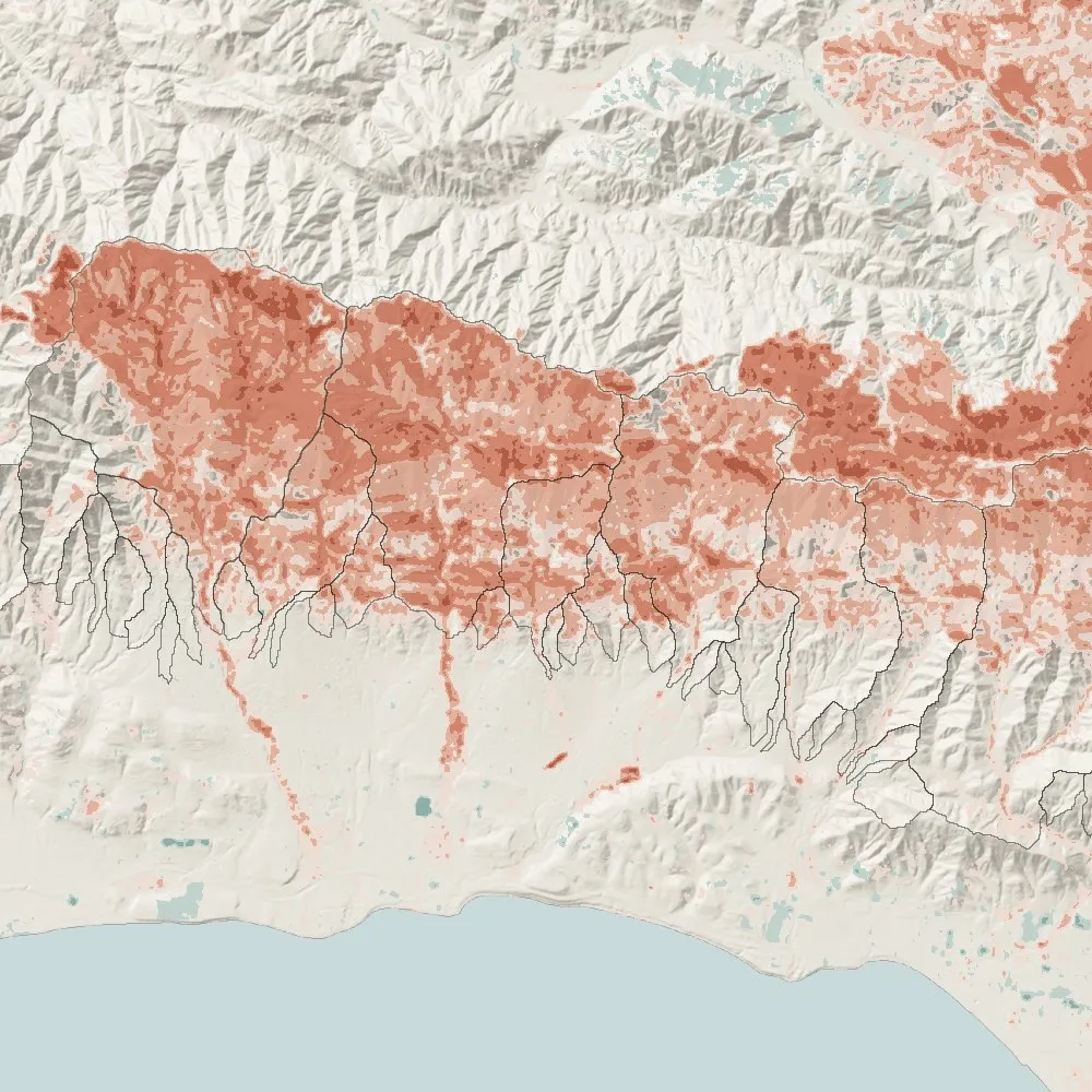 Landsat 8 dNBR of the Thomas Fire above Montecito in seven classes