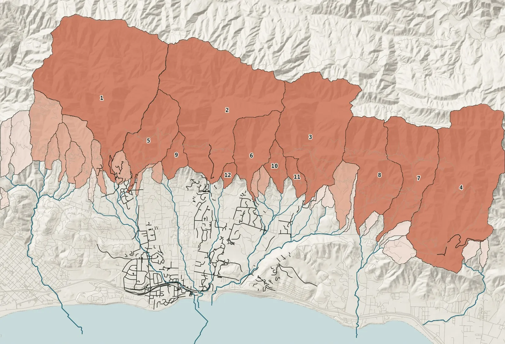 Map of the 36 Montecito canyons shaded by rank third, with rank numbers on the top twelve and the roads below the top six drawn dark