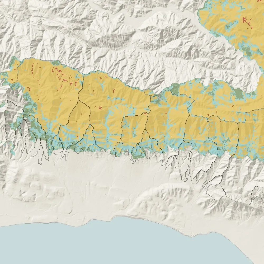 BAER soil burn severity map of the Thomas Fire above Montecito, mostly moderate