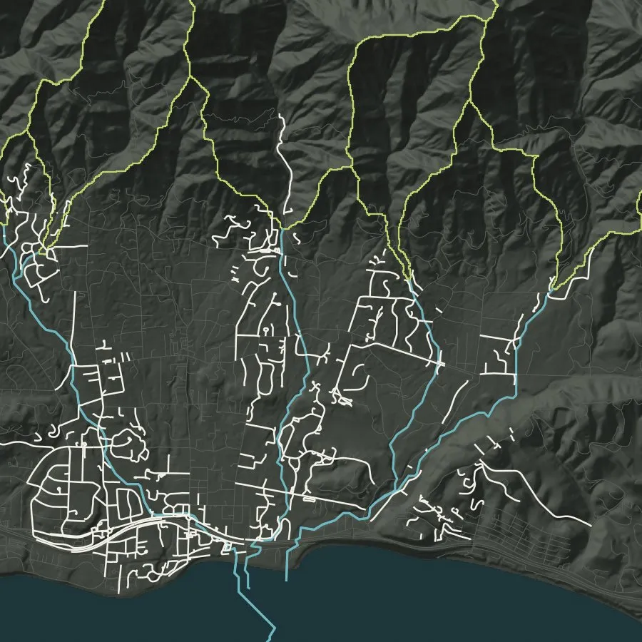 Roads along the flow paths below the six top-ranked Montecito canyons